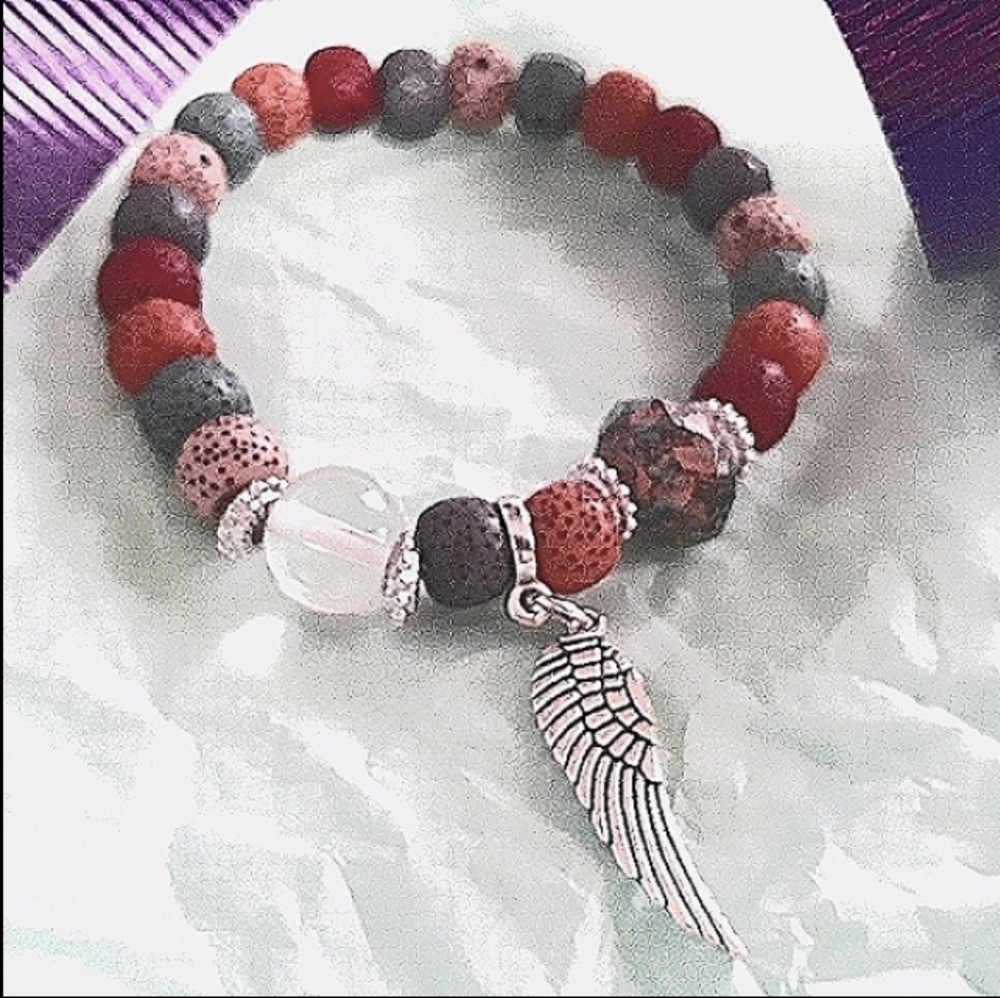 Angel Wing Charm Bracelet NEW wood beads Silver wing charm Natural